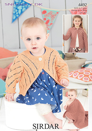 Sirdar 4492 Cardigans and Blanket for newborn to 7 years in Double Knitting (#3) weight yarn.